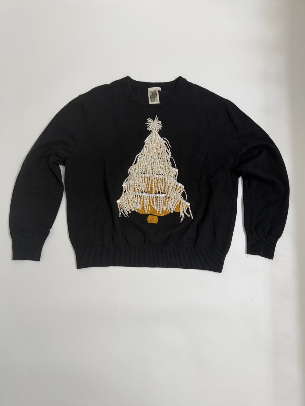 Queen of Sparkles Pearl Fringe Christmas Tree Sweater Black Gold Large